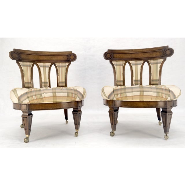Pair of Tufted Seats Burl Wood Back Oval Seats Slipper Chairs on Caters MINT For Sale - Image 10 of 14