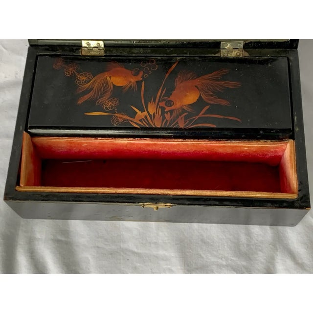 Vintage Black Lacquered Wooden Jewelry Box With Hand-Painted Koi Fish For Sale - Image 13 of 13