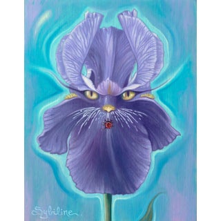 Feline Natura by Sybiline | Oil on Wood Cat Face Merged with Purple Iris Flower For Sale