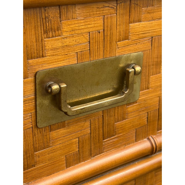 Chocolate Vintage MCM Faux Bamboo & Rattan Campaign Style Low Dresser For Sale - Image 8 of 10