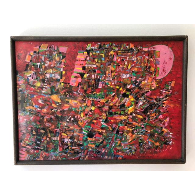 1960s Midcentury Red & Pink Abstract Expressionist Tempera on Masonite Painting by W. Georgenes, Signed For Sale - Image 5 of 9