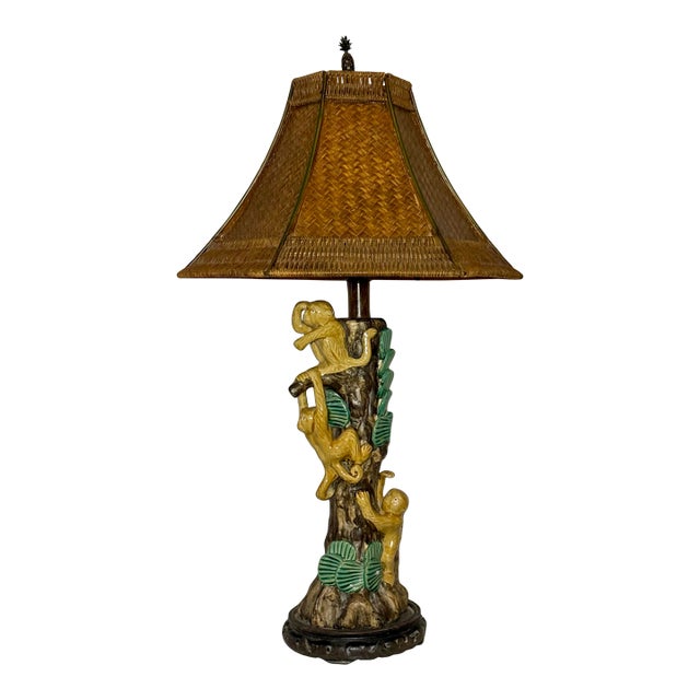 Vintage Boho Majolica Glazed Monkey Table Lamp With Rattan Woven Shade – Unique Artisan Lighting For Sale