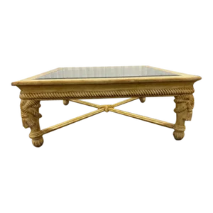 1980s Vintage Solid Wood Rope and Tassel Square Coffee Table Bevel Glass
