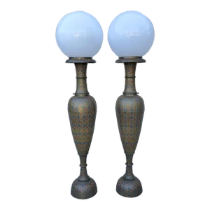 Early 20th Century Enameled Bronze Middle Eastern Globe Floor Lamps Palace Vases With Floral Design - a Pair
