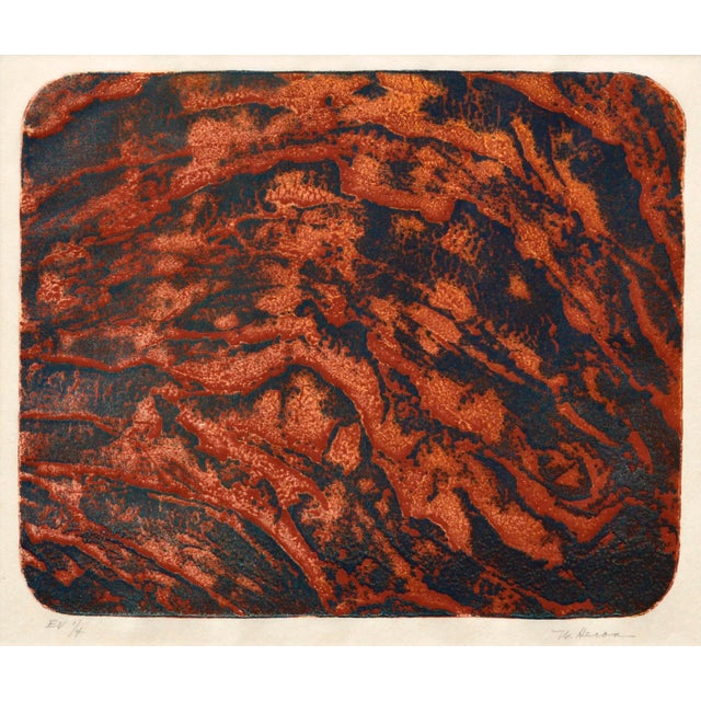 Bold collagraph print by Aptos artist Winifred Heron (Italian-American, 1922-2015). The black ink has an iridescent...