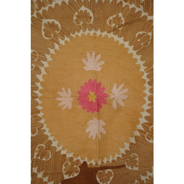 Suzani White Washed Pale Tribal Tapestry - Camel Uzbek Table Cloth 4'3'' X 4'6'' For Sale - Image 9 of 14