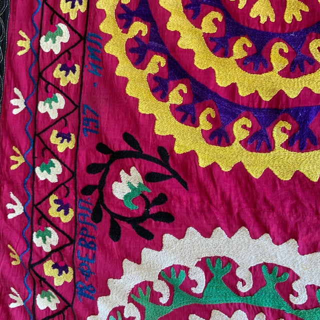 Textile Antique Signed Hand-Embroidered Large Suzani Textile For Sale - Image 7 of 13