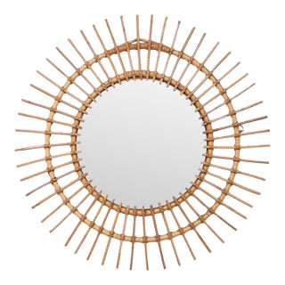 French Mid-Century Sunburst or Starburst Mirror of Bamboo & Rattan (Dia 27 3/8) For Sale