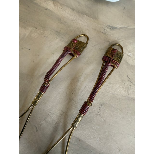 Metal Vintage Brass Salad Servers With Red Wire Wrapped Handles Boho Tableware For Sale - Image 7 of 9