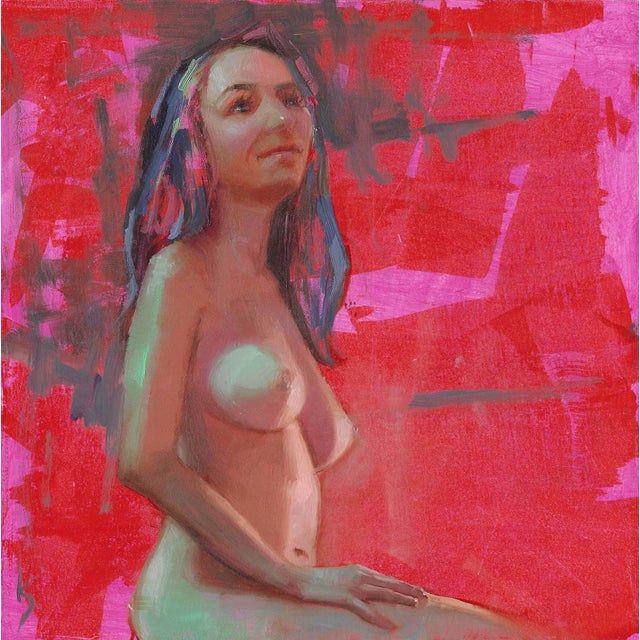 Heart Expanding by Kirsten Savage | Oil on panel portrait of a seated woman with colorful background For Sale