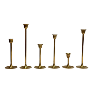Vintage MCM Brass Tulip Candlestick Holders, Set of 6