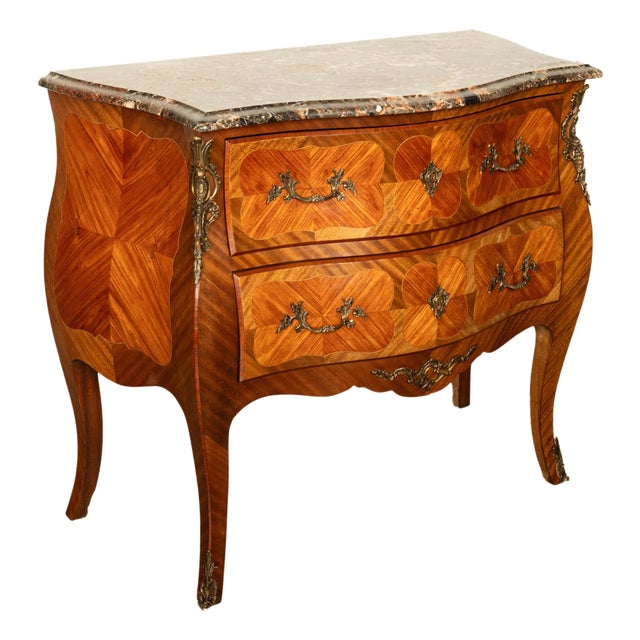 Antique French Louis XV Marble Top Ormolu Bombe Shape Inlaid Tulip-Wood Commode For Sale