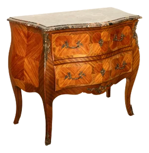 Antique French Louis XV Marble Top Ormolu Bombe Shape Inlaid Tulip-Wood Commode