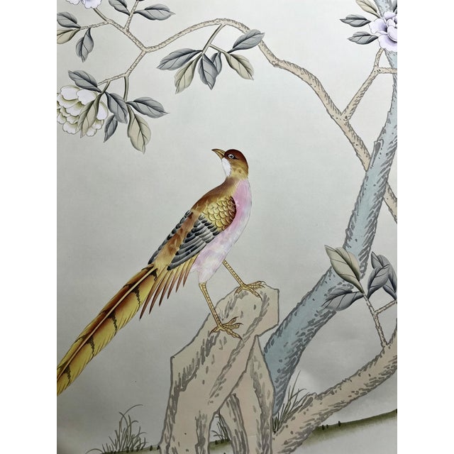 Hand-Painted Chinoiserie Bird & Blossom Wallpaper Panels – Elegant Floral Wall Mural, 3 Panels 36” X 96” For Sale - Image 6 of 6