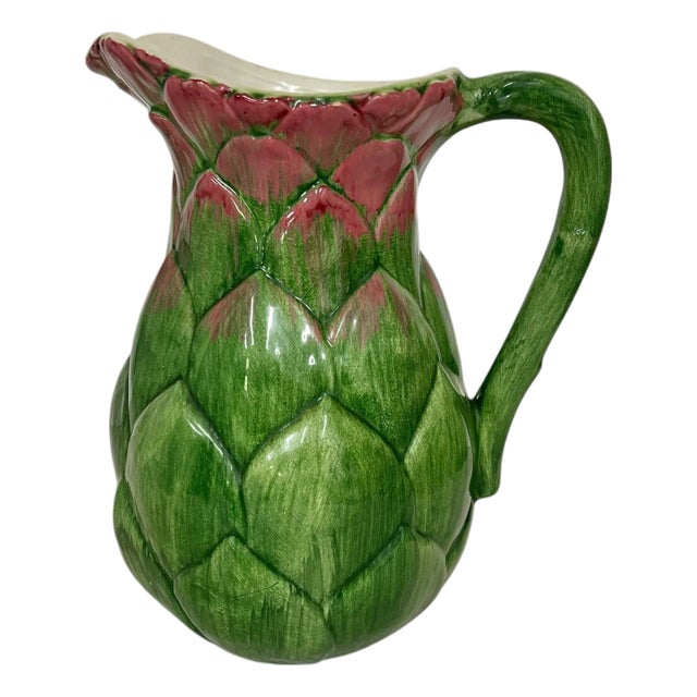 Vintage Hand Painted Majolica Artichoke Pitcher Italian Valli Ceramiche For Sale
