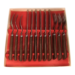 Vintage Fish Eaters Tableware Knives and Forks Wood Handle Sheffield England Service for Six- 12 Pieces
