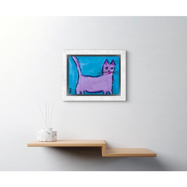 Pink Modern Narratives, Pink Cat, Acrylic Mixed Media Painting For Sale - Image 8 of 9