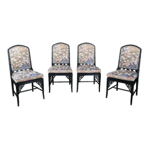 Mid 20th Century Chinese Chinoiserie Faux Bamboo Black Lacquer Caned Crane Dining Chairs - Set of 4