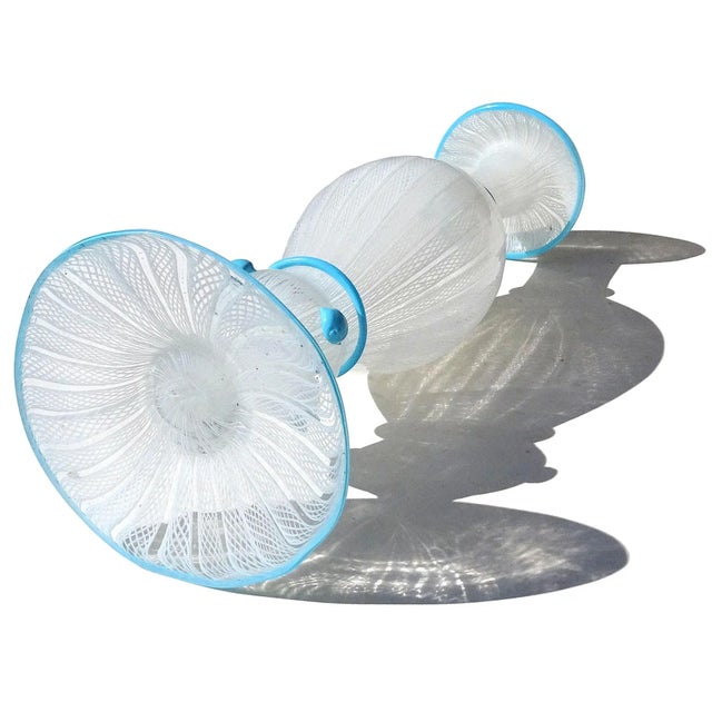 Glass Antique Murano White Zanfirico Ribbons Sky Blue Detals Italian Art Glass Footed Flower Vase For Sale - Image 7 of 9