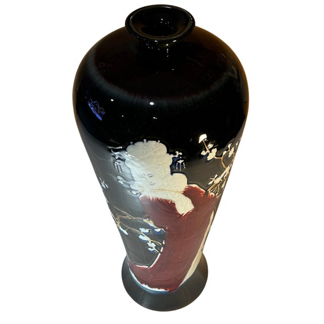 Ceramic Vintage 23 In. Tall Black Porcelain Palace Vase Lady Courtesan in Enamel Relief For Sale - Image 7 of 18