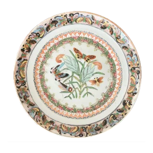 Antique Early 19th Century Chinese Export Porcelain Plate With Rose Medallion Decoration of Butterflies and Insects