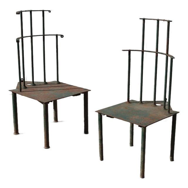 1980s Matched Pair of French Postmodern Green-Painted Metal "Windsor" Chairs For Sale