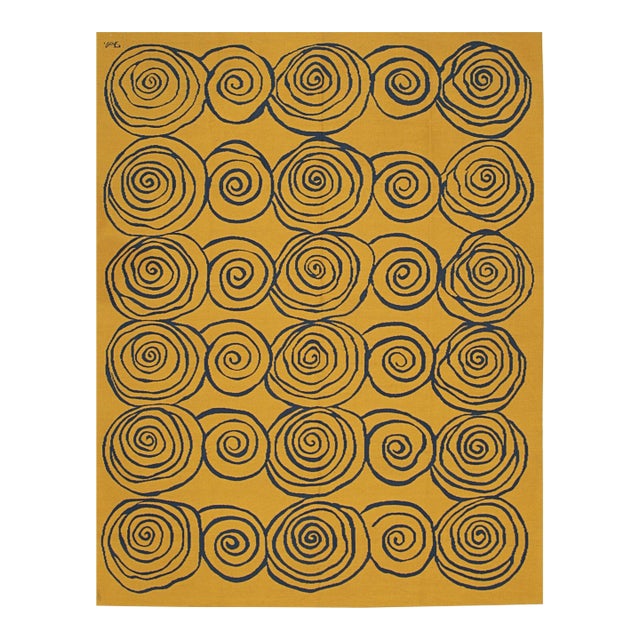 9x12 Stylish Iris Goldenrod Kilim Fluid Spirals Modern Handwoven Wool Carpet Rug For Sale