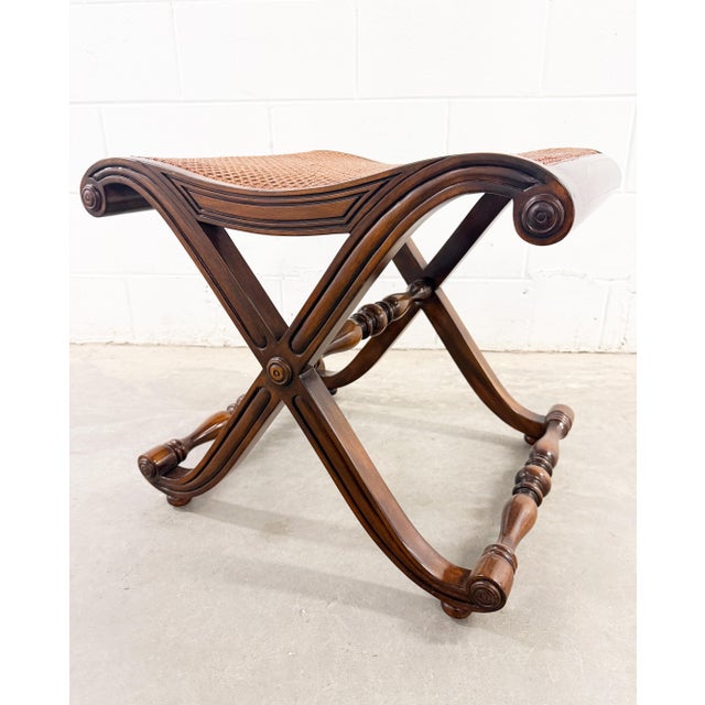 Late 20th Century Regency Campaign-Style X-Base Cane Stools in the Manner of Gillows of Lancaster For Sale - Image 11 of 12