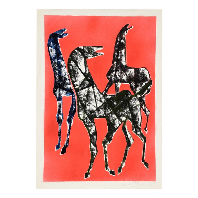 Ernst Bräuer, Three Horses Against Red, 1963, Monotype Paint For Sale