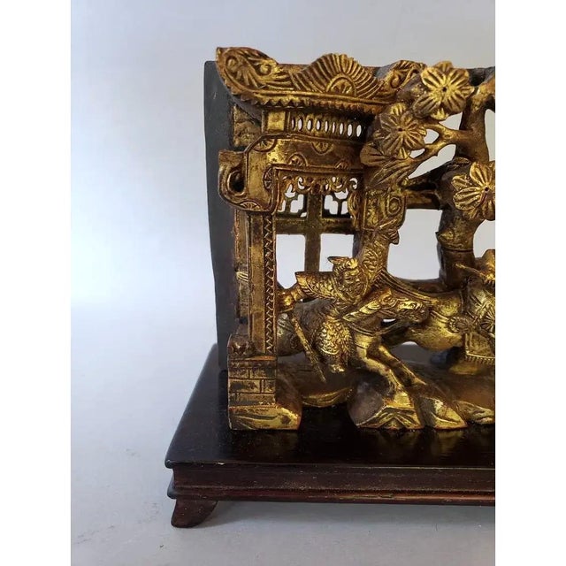 Late 19th Century Antique Chinese Qing Dynasty Giltwood Carved Warrior Battle Scene on Stand For Sale - Image 5 of 8