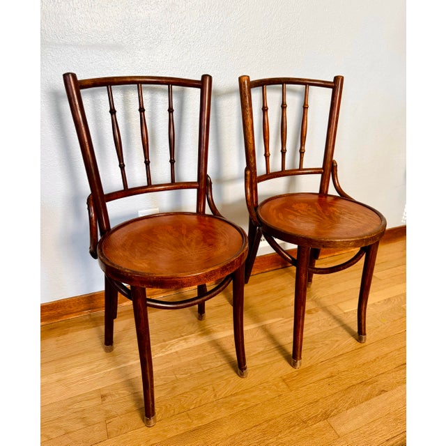 Art Nouveau Pair Antique J & J Kohn Mundus Model 337 Bentwood Cafe Chairs Iris Marquetry Seats For Sale - Image 3 of 17