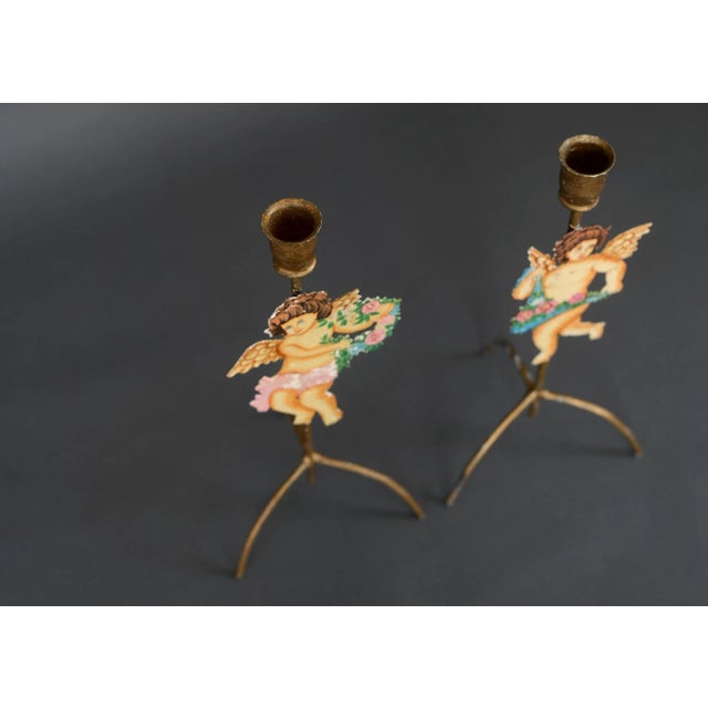 Gold Vintage Hand-Painted Angel Cherub Tripod Candlesticks - Set of 2 For Sale - Image 8 of 11