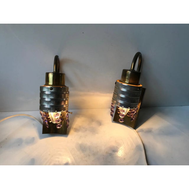 1960s Scandinavian Brass & Crystal Modern Prism Wall Lights, 1960s, Set of 2 For Sale - Image 5 of 8