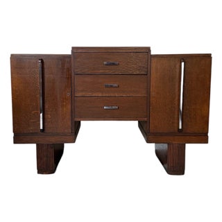 Antique Art Deco Oak Credenza Sideboard / Stepped Buffet Cabinet For Sale