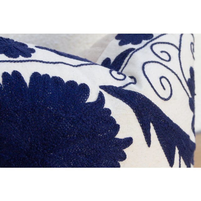 1980s Pair of Indigo Blue Hand Embroidered Suzani Pillows For Sale - Image 5 of 8