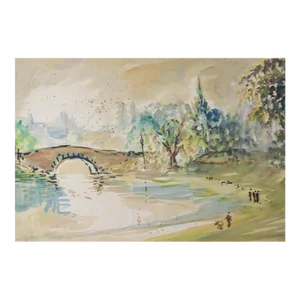 Mid 20th Century French School Riverside Landscape Watercolor Painting