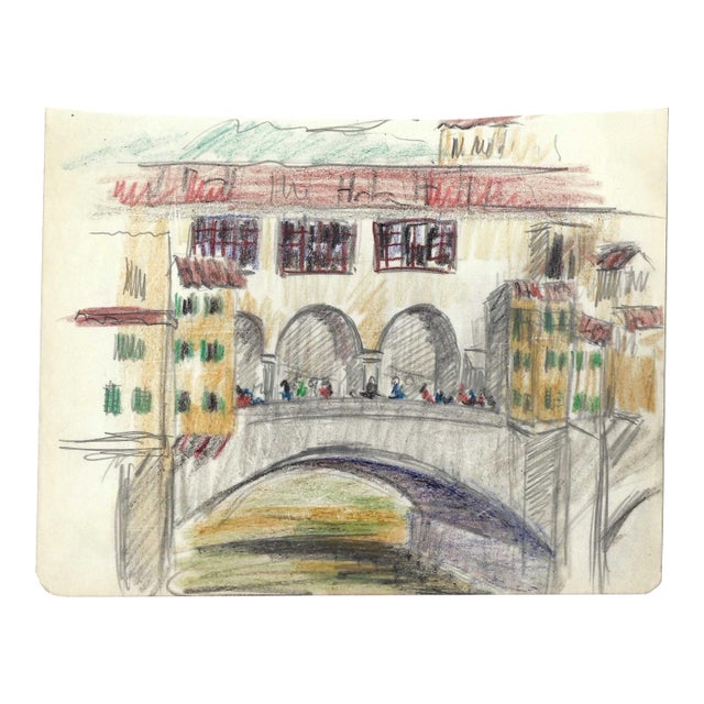 1940s Grace Spongberg Ponte Vecchio Florence Italian Drawing For Sale