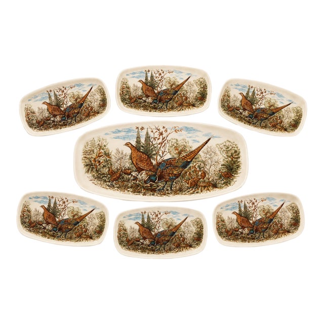 1970s Italian Woodland Pheasant Transferware Dinner Set | Platter With 6 Plates For Sale