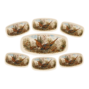 1970s Italian Woodland Pheasant Transferware Dinner Set | Platter With 6 Plates
