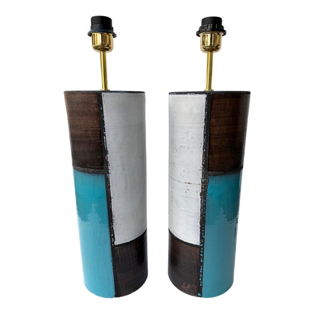 Mid-Century Pair of Ceramic Lamps Mondrian by Bitossi. Italy, 1990s For Sale