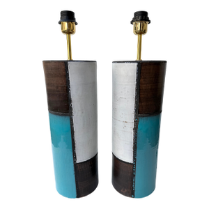 Mid-Century Pair of Ceramic Lamps Mondrian by Bitossi. Italy, 1990s