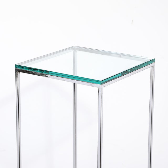 Mid-Century Modernist Minimal Rectilinear Chrome Pedestal With Glass Top For Sale - Image 9 of 10