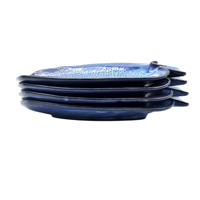 Vintage Kotobuki Japan Azure Blue Glazed Fish-Form Plates, Set of 4 For Sale - Image 4 of 10