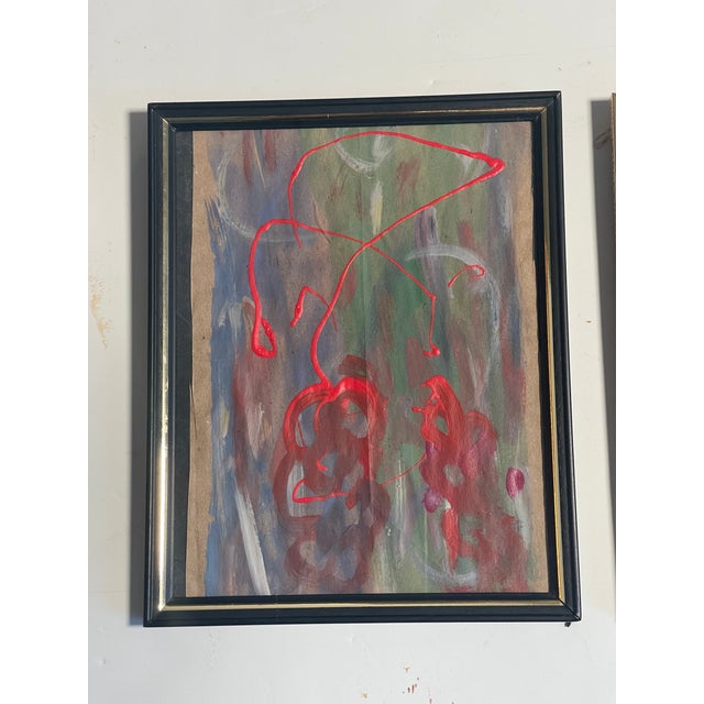 1980s Pair Abstract Paintings Florida Florals in Red and Purple by Elia Framed For Sale - Image 4 of 7