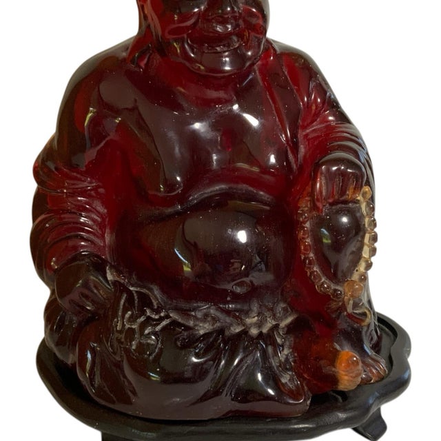 Plastic Vintage Mid-Century Large Translucent Red Resin Laughing Buddha Statue on Carved Wood Base China C. 1960s For Sale - Image 7 of 11