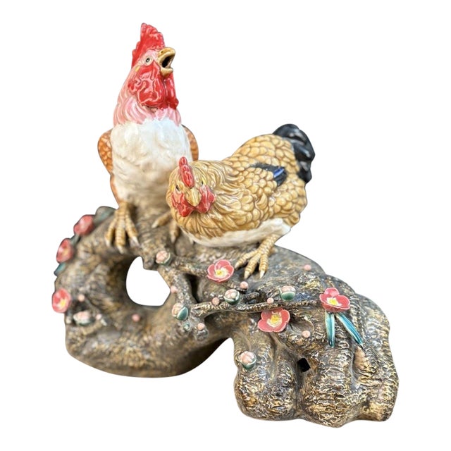 Vintage Shiwan Pottery Rooster & Hen on Plum Branch - 12.5" Tall For Sale