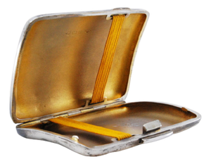 Curved Silver Cigarette Case with Guilloche Engraving, Gold Interior and Hinged Lid