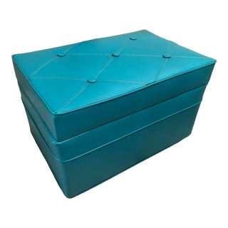 1960s Mid-Century Turquoise Vinyl Tufted Storage Ottoman For Sale