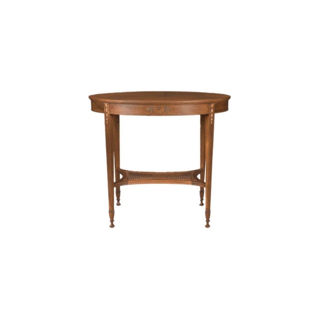 Antique English Hepplewhite Carved Bellflower Mahogany Caned Oval Side Table For Sale - Image 4 of 12