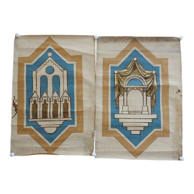 Vintage Distressed Architectural Alter Decorative Paintings - a Pair For Sale